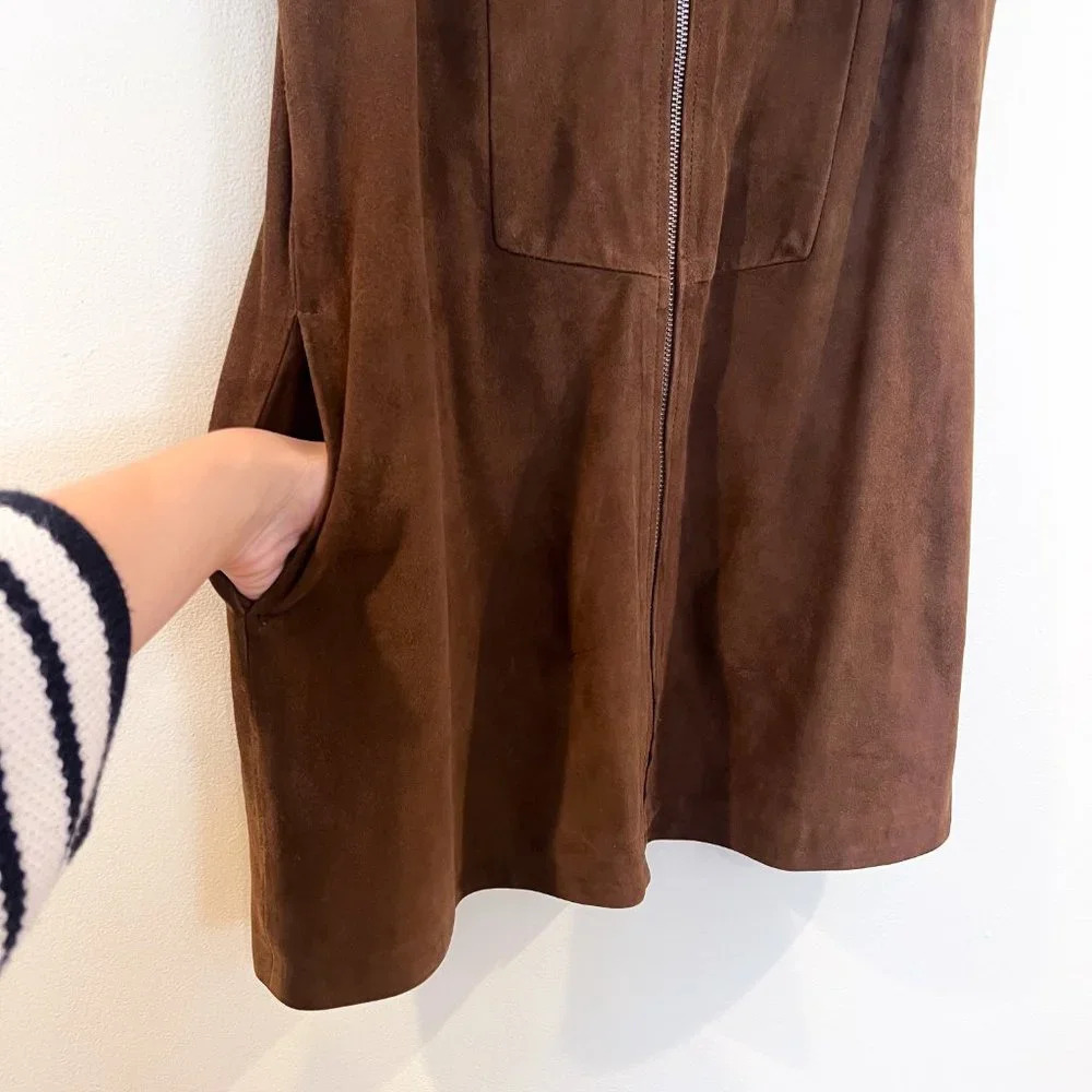 Lamarque 100% Leather Brown Suede Zip Front Structured Bohemian Mini Dress M - Picture 8 of 8